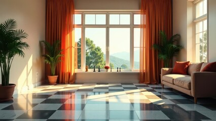 Serene sunlit living room with checkered floor, orange curtains, potted plants, and a comfortable sofa near a large window offering a scenic mountain view.