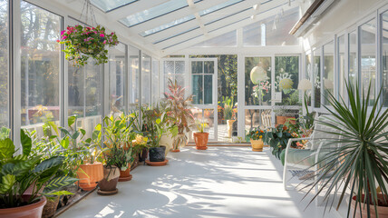 A bright and airy sunroom, filled with plants and sunlight streaming through glass windows.