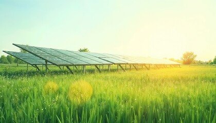 Fototapeta premium Solar panels in a green field under bright sunlight, promoting renewable energy