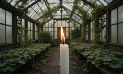 Candle lit in a serene greenhouse