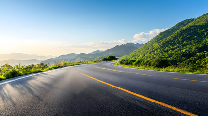 Winding Mountain Road At Sunset With Lush Green Vegetation and Dramatic Sky