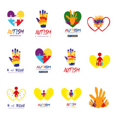 Autism Awareness Day Logo Collection, Colorful Hand and Heart Symbols, Support and Inclusion Emblems, Neurodiversity and Acceptance Icons for International Awareness Campaigns