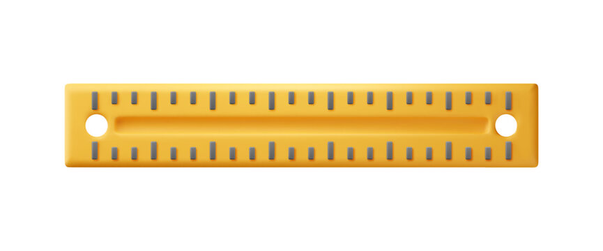 3D plastic measuring ruler isolated on white. Render yellow ruler for education and work. Stationery and office supply. Engineering tool. Vector illustration