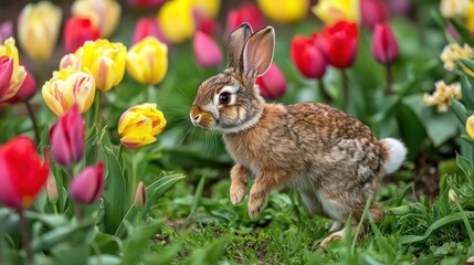 Fototapeta premium A bunny hopping through a colorful field of tulips.