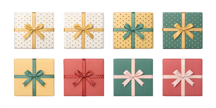 top view collection set of gift boxes grid system isolated on white background png
