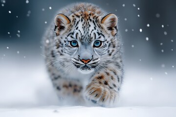 Obraz premium Majestic Snow Leopard Cub in Winter Landscape: Wildlife and Nature Photography