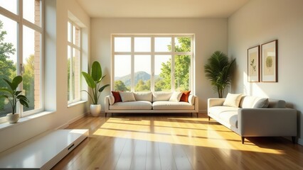 Bright Sunlight Illuminates a Modern Living Room with Large Windows and Comfortable Couches, Creating a Serene and Inviting Atmosphere
