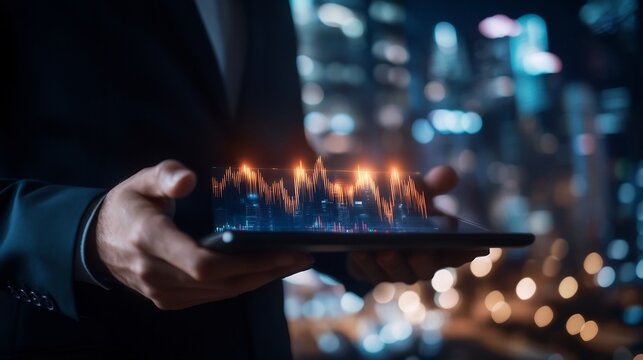 businessman holding digital tablet with stock market graph and cityscape