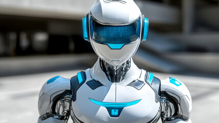 White and Blue Futuristic Robot in Urban Setting