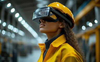 A female worker, wearing a yellow hard hat and safety jacket, uses augmented reality glasses in a modern industrial setting. The technology enhances her work experience significantly.