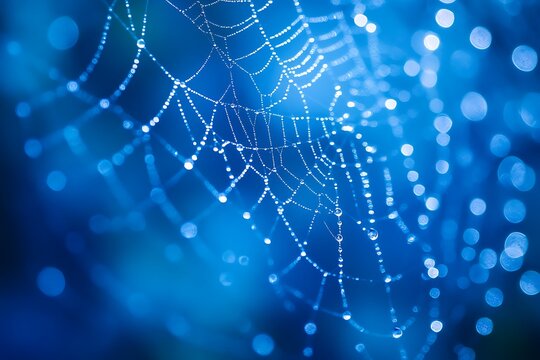 spider web with dew drops on blue background, close up