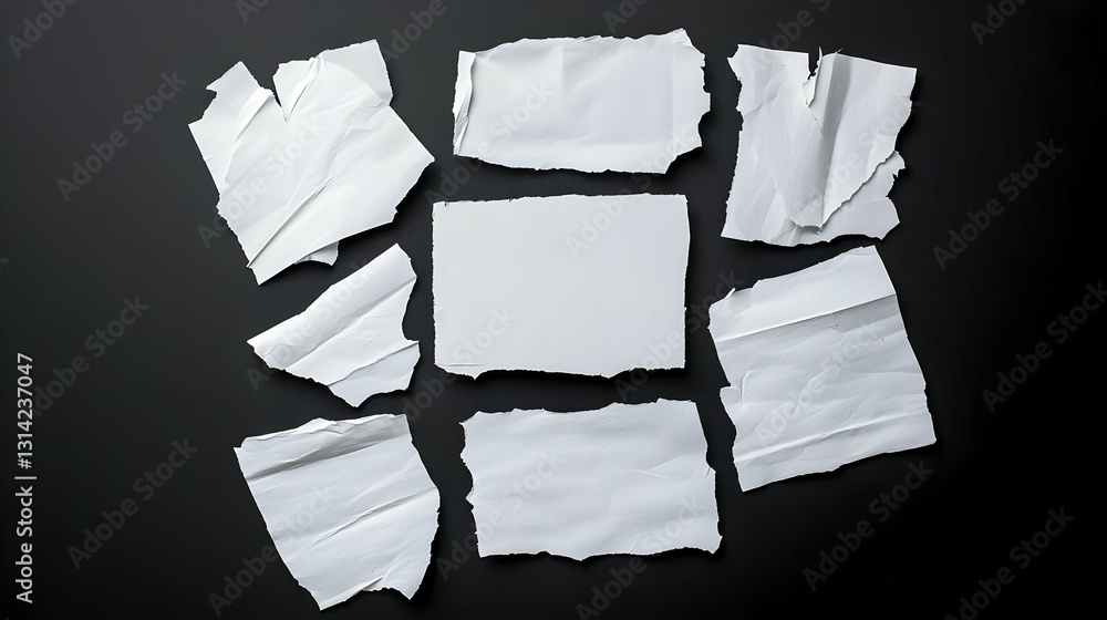 Poster torn white pieces of paper on black background arranged in an organized composition with a blank she