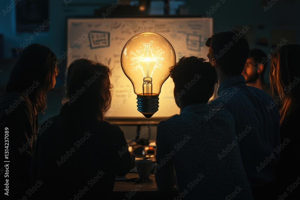 Poster team brainstorming around a glowing light bulb, symbolizing a new idea or solution.