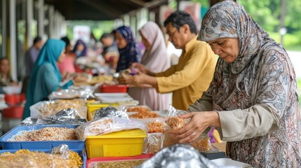 A group of people preparing food packets for Eid distribution.