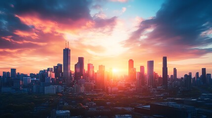 Fototapeta premium Vibrant sunset over a modern city skyline. Dramatic clouds and golden light illuminate the urban landscape. Perfect for backgrounds, travel, and city themes.