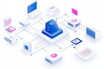 Ilustración digital que representa una red de datos conectando múltiples dispositivos y servidores.