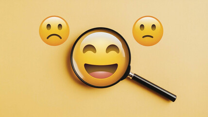 A magnifying glass placed over a happy face emoji, making it appear larger and more prominent against a bright yellow background