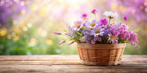Dreamy Flower Basket, Soft Focus, Forced Perspective, Pink Lavender, Wooden Texture, Natural Organic Photography