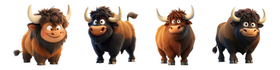 Fototapeta premium Set of cartoon yak characters displaying different expressions and poses isolated on transparent background, Cutout PNG
