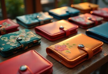 vibrant wallets laid out neatly organized table showcasing diverse colors styles enticing display, organizer, accessory, fashion, merchandise, design