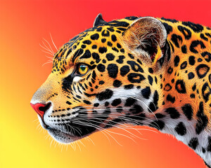 Obraz premium Jaguar portrait with distinct spots and piercing eyes on a bright gradient background