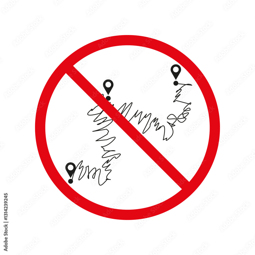 Poster no wrong route icon. location marker symbol. crossed out sign. vector warning.