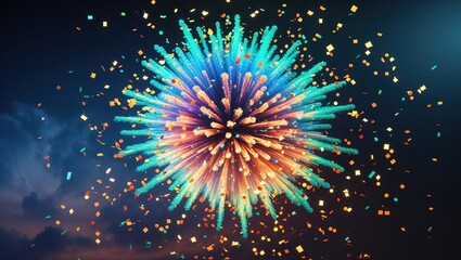 Fototapeta premium Dynamic colorful shapes burst in various hues against a dark sky, creating an eye-catching display of art and creativity during a nighttime celebration filled with joy and excitement