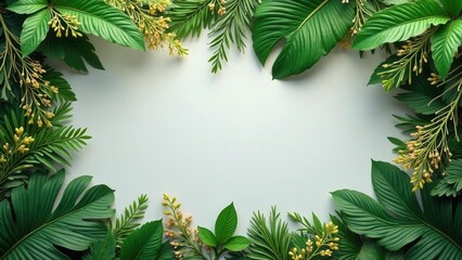 Lush Tropical Foliage Bordering a Blank Space, Ideal for Text or Design Elements