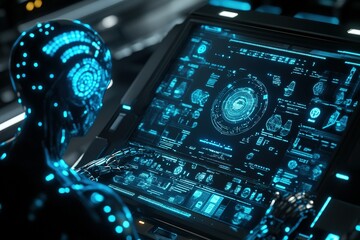 A sleek humanoid AI robot with glowing blue circuits, analyzing a holographic interface filled with data streams