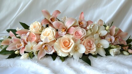 Elegant floral arrangement of blush pink and cream roses and orchids