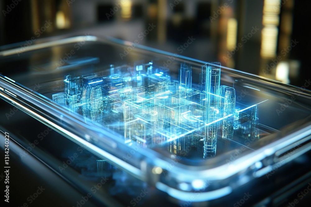 Poster a transparent smartphone with a flexible oled display, projecting a 3d holographic map of a futurist