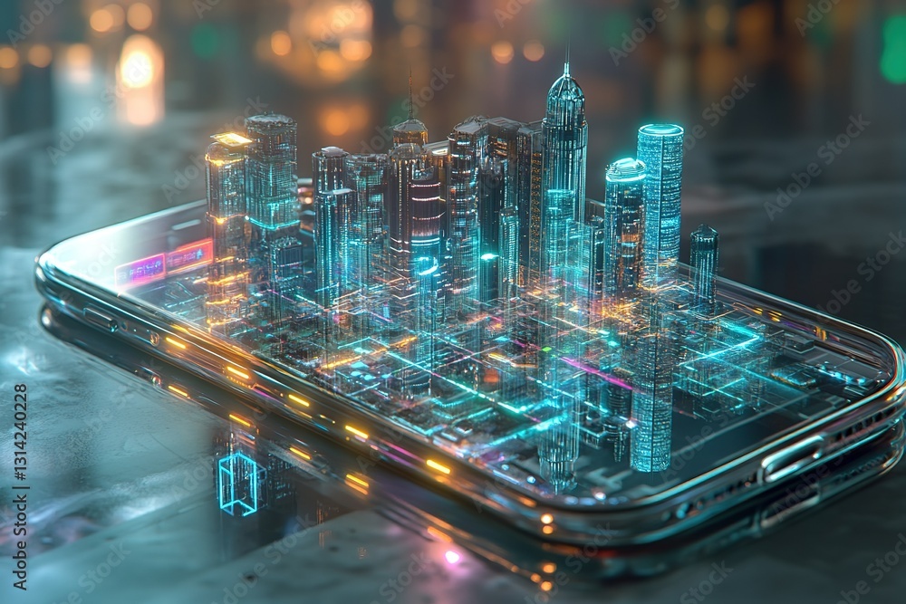 Poster a transparent smartphone with a flexible oled display, projecting a 3d holographic map of a futurist