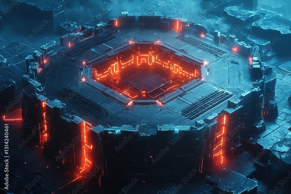 Poster an ai-powered cybersecurity shield protecting a network, visualized as a digital fortress with glowi