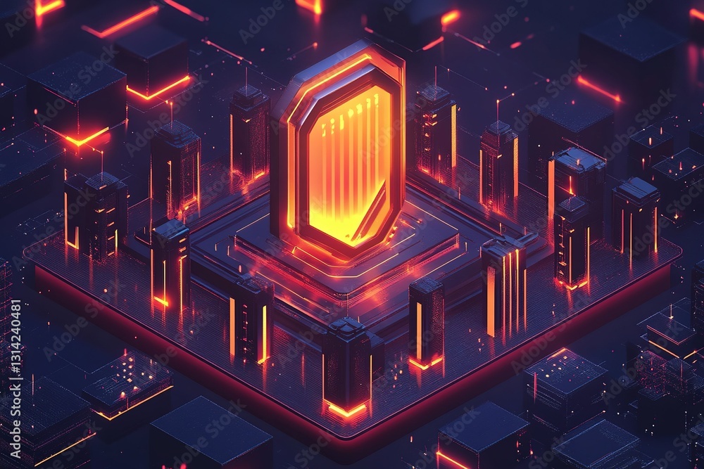Poster an ai-powered cybersecurity shield protecting a network, visualized as a digital fortress with glowi