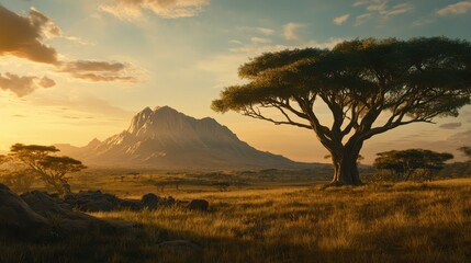 Majestic Sunrise Over African Landscape Featuring Acacia Trees and Mountain Range in Golden Light