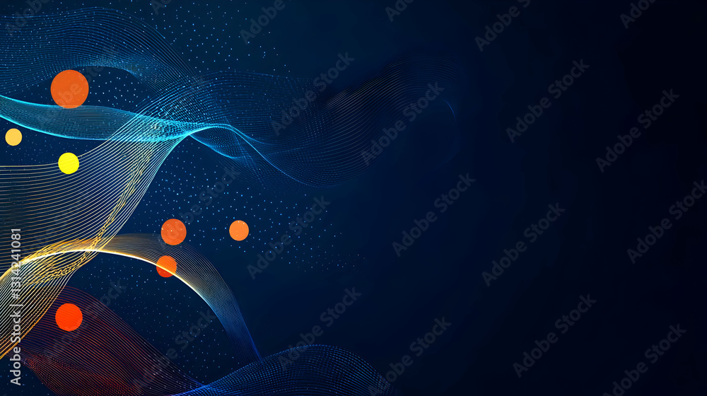 Poster abstract futuristic technology background with orange yellow red particles on a dynamic flowing blue