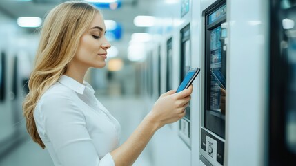 Financial Inclusion banking concept. A woman using a phone at a transport ticket machine.
