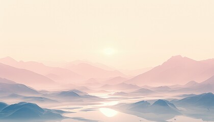 Obraz premium Gentle pastel landscape featuring mountains rivers and ethereal atmosphere