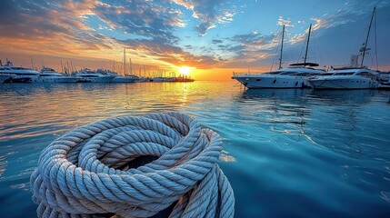 Obraz premium Sunset Marina Coiled Rope, Luxury Yachts at Dusk