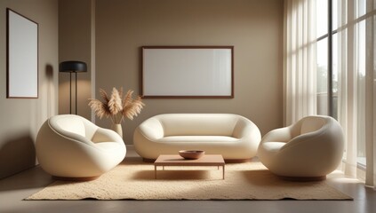 Empty frames mockup in modern living room interior with sofa, poster frame mockup design, mockup frame