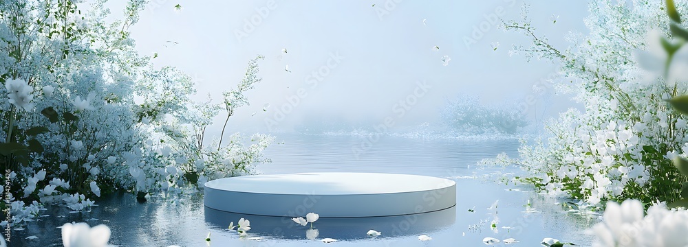 Poster a minimalistic podium with soft blue and white hues, placed in a refreshing riverside scene with flo