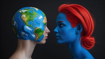 Naklejka premium Painted Heads Representing Earth and Creative Expression