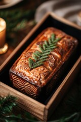 Festive, carved, savory loaf in wooden box