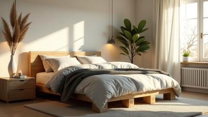 Serene Bedroom Sanctuary Sunlight Illuminates a Minimalist Wooden Bed with Soft Bedding, Natural Decor, and a Tranquil Atmosphere