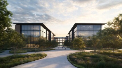 Fototapeta premium clean energy corporate campus with solar panels and trees