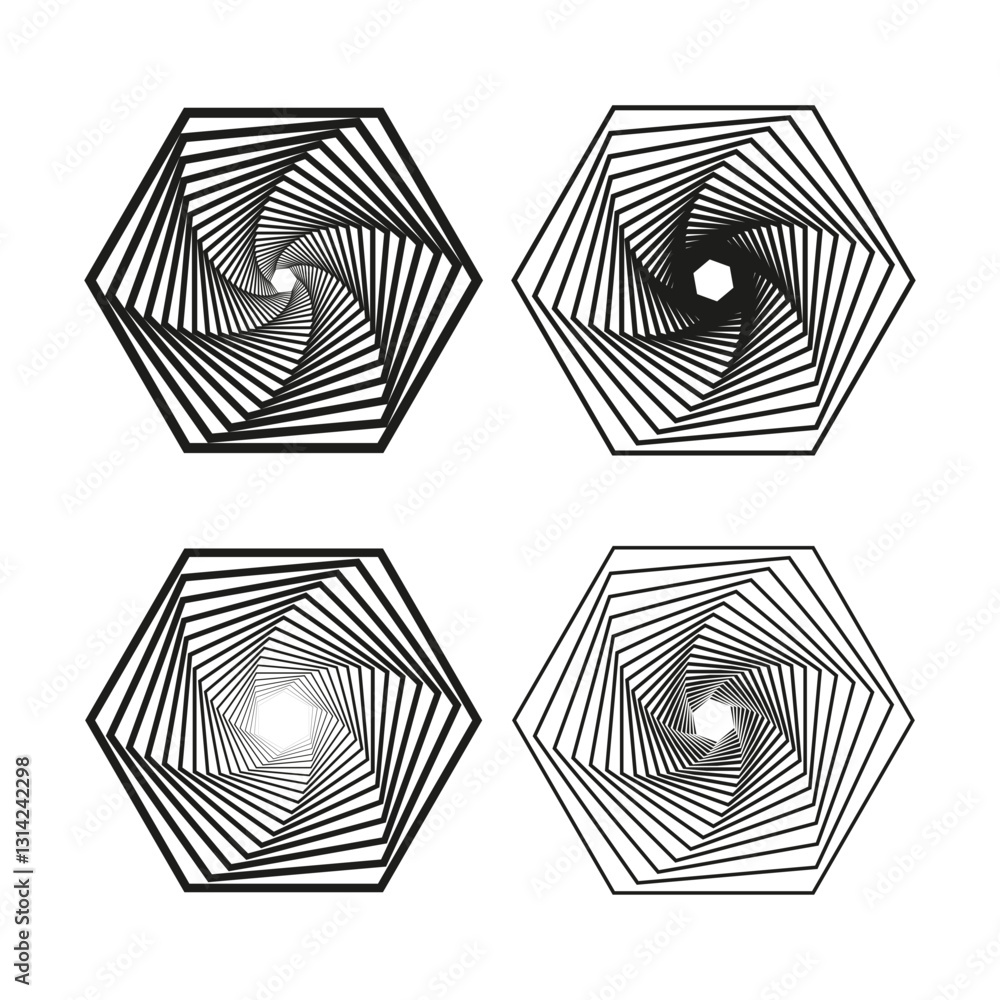 Poster hexagonal spiral shapes. geometric vortex symbols. abstract rotating patterns. black and white contr