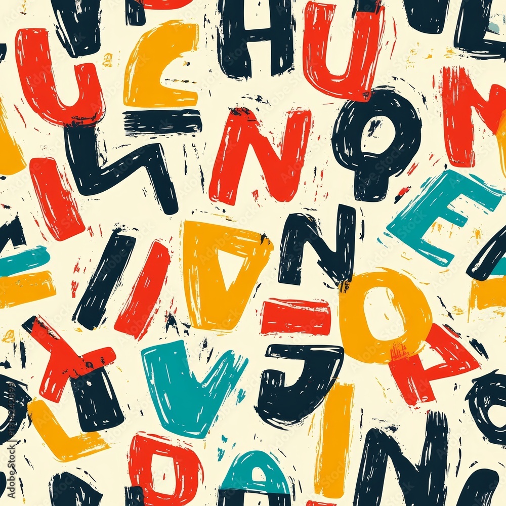 Poster colorful abstract pattern featuring hand drawn alphabet letters on a textured paper background