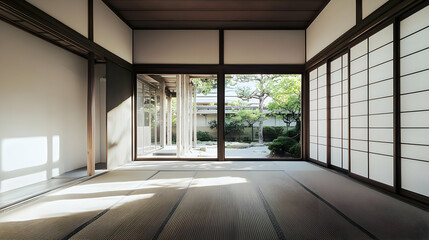 Obraz premium Sunlit Traditional Japanese Room With Tatami Mats And Shoji Screens Overlooking A Peaceful Courtyard Garden