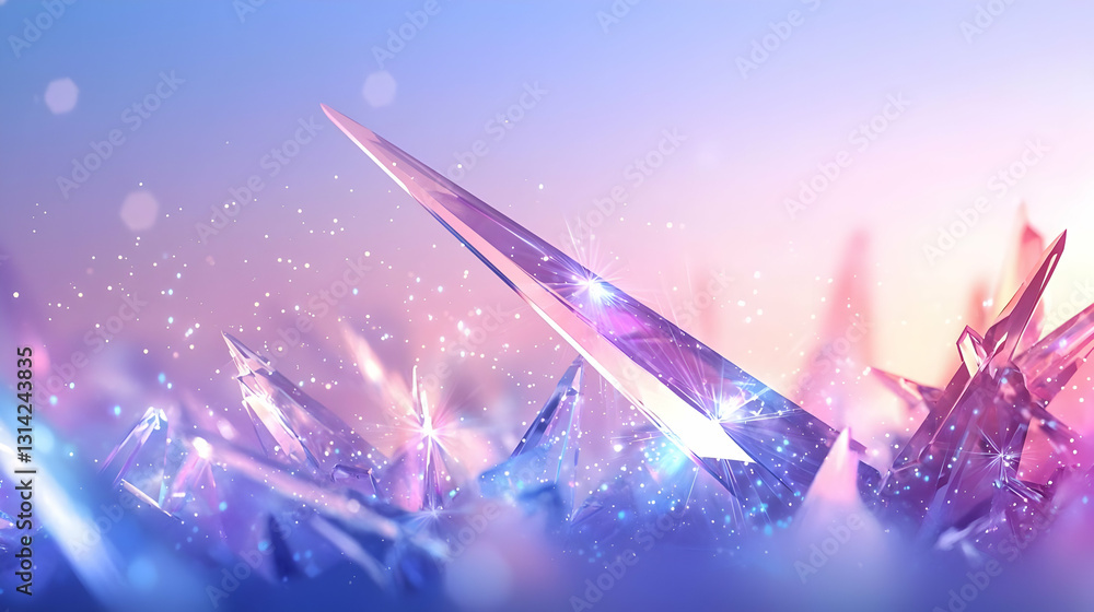 Poster abstract iridescent crystal prisms with soft pastel colors and glowing sparkles in a dreamlike ether