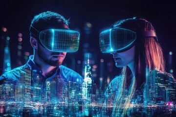 Fototapeta premium A futuristic cityscape is superimposed on two individuals wearing VR headsets, immersed in a shared virtual reality experience.